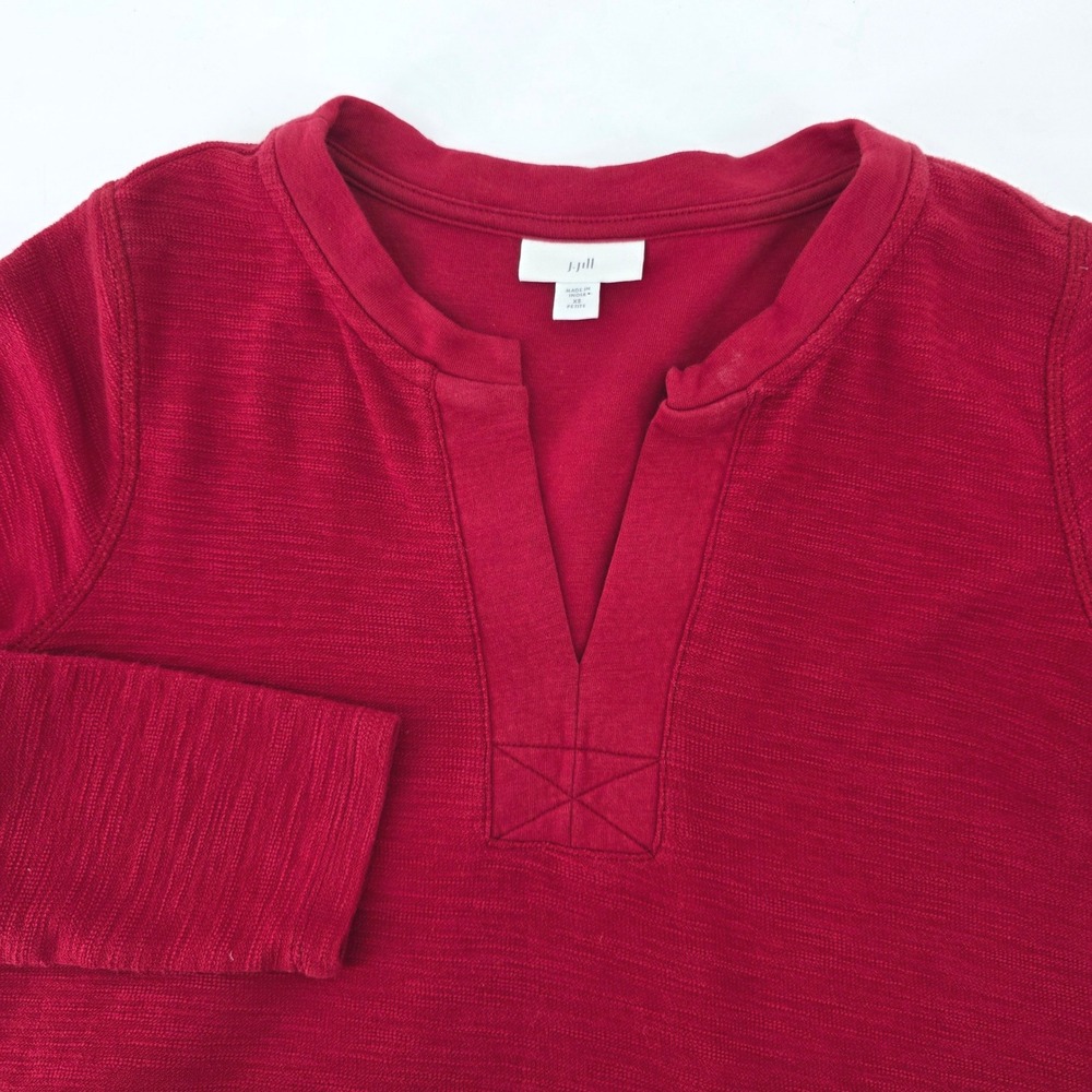 J.‎ Jill Red Slub Knit Split Neck Top with Pockets XS Petite Casual Preppy